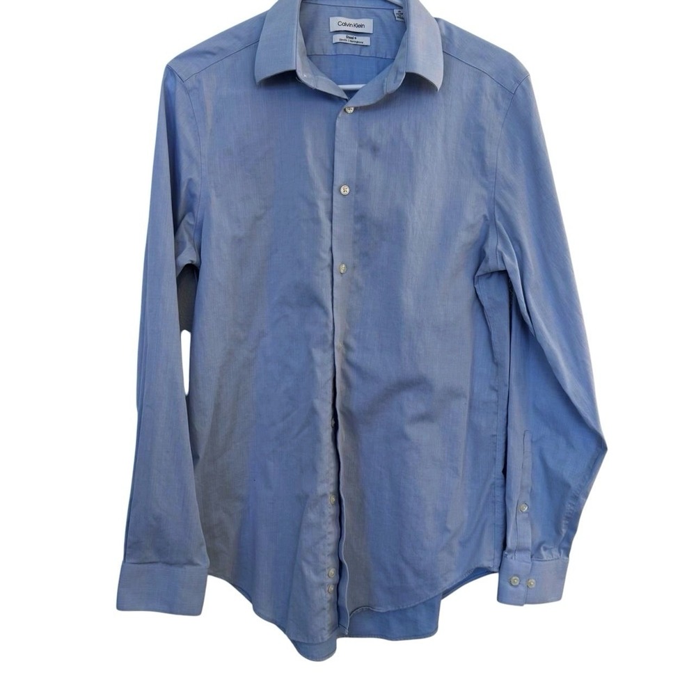 Calvin Klein Steel+ Slim Fit Herringbone Dress Shirt Mens 17.5 36/37 XL Blue